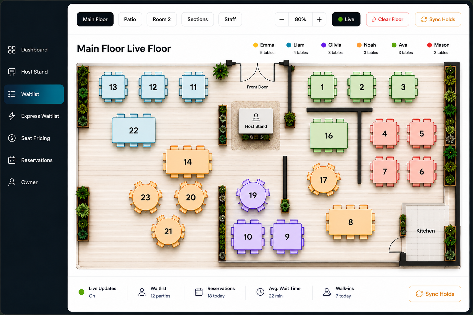 Seatd floor map demo with live server legend, table sections, waitlist status, and sync controls.
